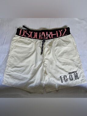 DSQUARED2 White Swim Shorts with Black and Pink Logo Waistband